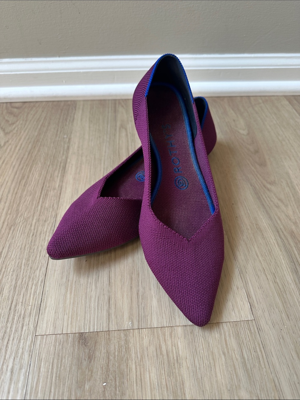 Rothy's Pointed Flat in Plum with Blue Trim